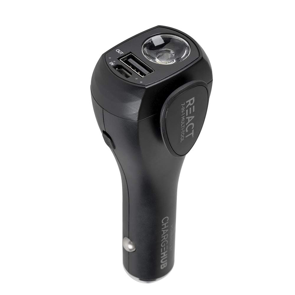 React 7-in-1 Vehicle Emergency Multi-Tool by ChargeHub with 2200mAh Power Bank, USB Car Charger, Window Breaker, Concealed Seat Belt-Cutter, Flashlight, Red Flashing Light, & Audible S.O.S Alarm.