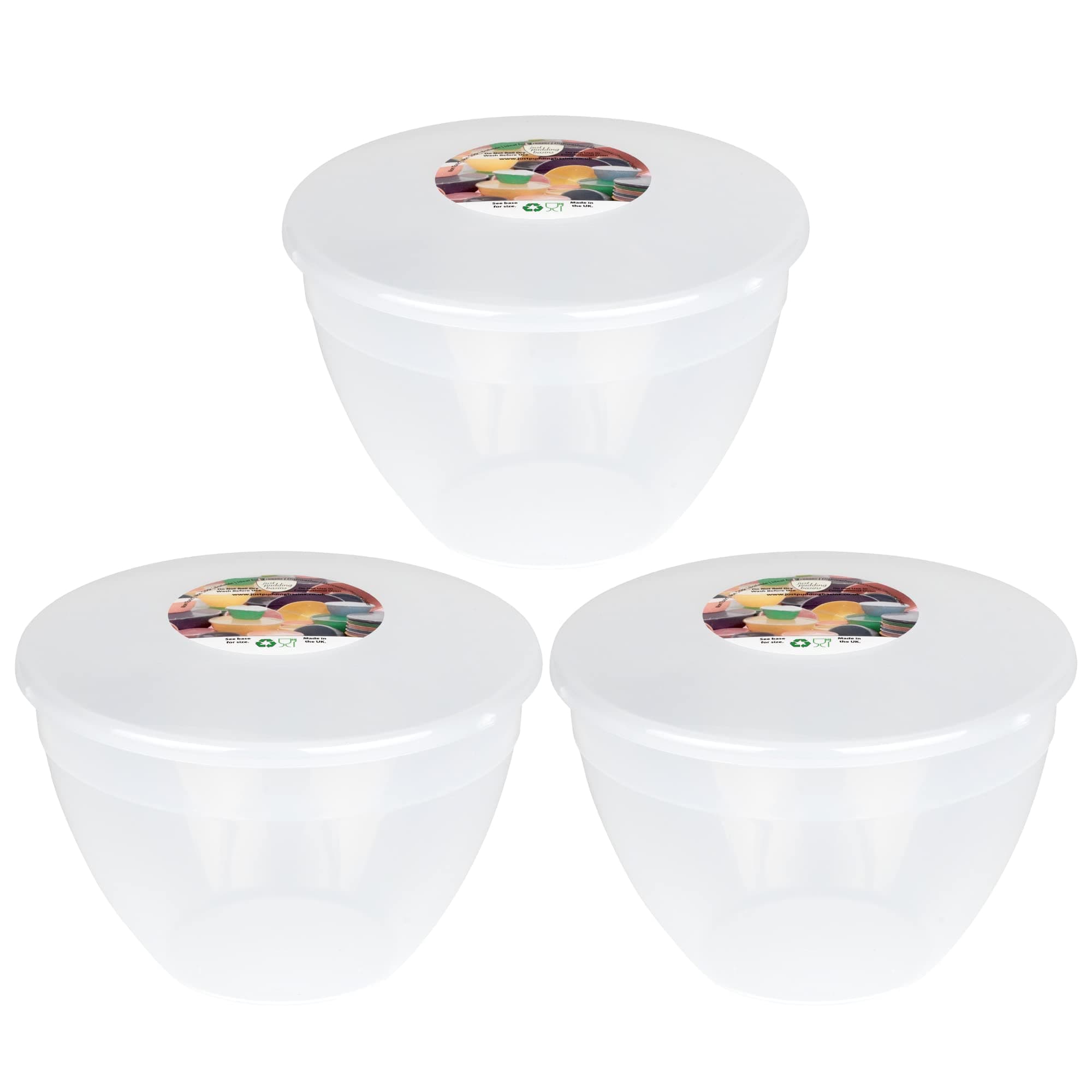 Just Pudding Basins Clear 2 Pint 1.14lt Basin (3 Pack) Food Safe 1 Litre Plastic Bowls and Lids