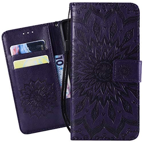 Ougger Flip Case for Oppo A5, A9 (2020) Case, Premium PU Leather Bloom-Print Wallet Cover Card Slot Magnetic Bumper Pouch Holster Cover for Oppo A5, A9 (2020) with Stand Function (Purple)