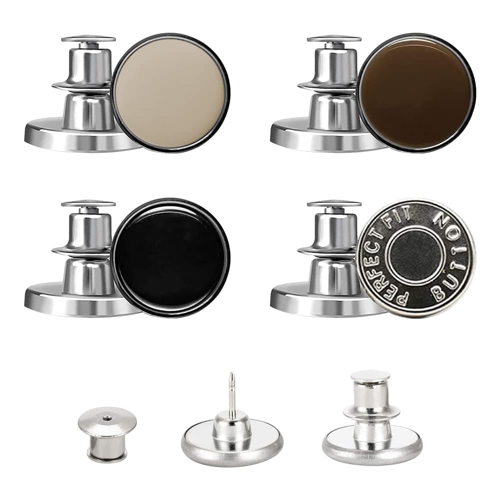 Jean Buttons Replacement No Sew Needed, 8 pcs Perfect Fit Instant Button to Extend or Reduce 1" to Denim Pants Corduroy Skirt Skinny Jeans Jeggings, Easy Clip Snap Tack Metal Button in 4 Designs