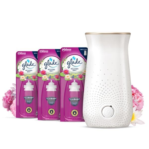 Sense & Spray Holder and Refills, Motion Activated Automatic Room Spray and Odour Eliminator for Home, Relaxing Zen, 1 Holder and 3 Refills (3 x 18ml)