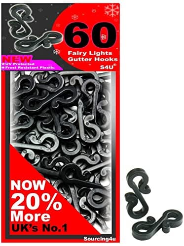 S4U Gutter Hooks for Outdoor Lights 60pcs Plastic S Gutter Clips for Hanging Outside Christmas Lights, String Lights, Icicle Fairy Lights - Black