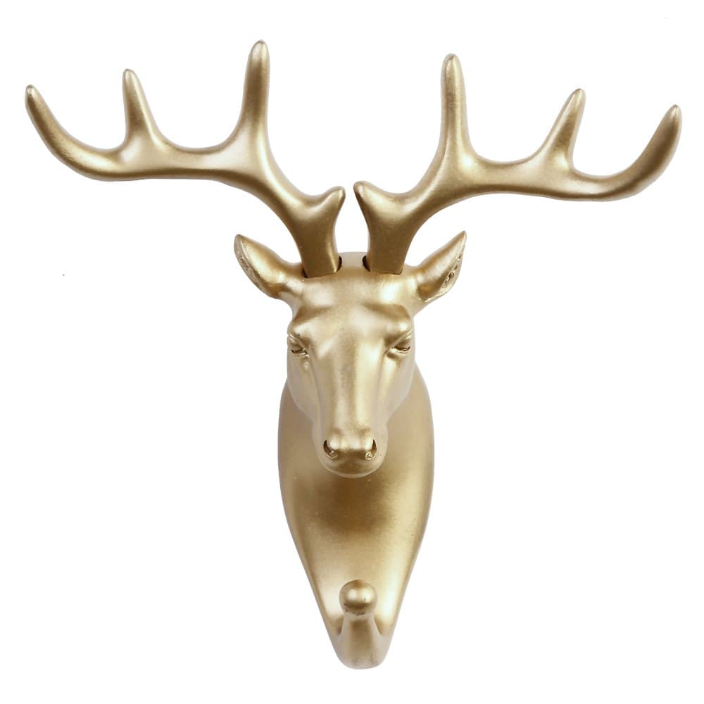 TraPal Dear Head Single Decorative Coat Hook Wall Mounted Rustic Coat Rack Easy to Install Resin Animal Shape Clothes/Garment/Jacket Hanger (Deer-Gold)