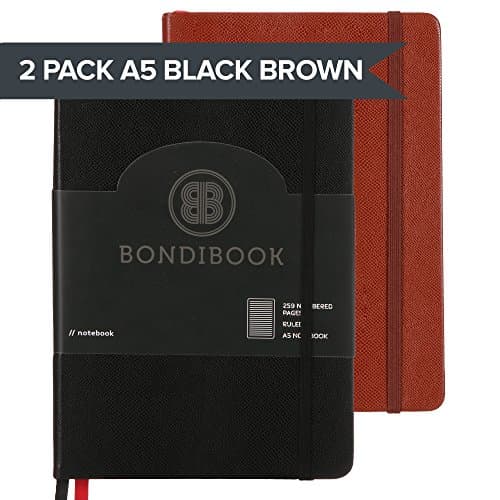 A5 Hardcover Lined Ruled Notebook Journal, 259 Numbered Pages, 2 Bookmarks, 4 Page Index, Bujo Lines Pages (2 Pack Lined, 2 Pack Black/Brown)
