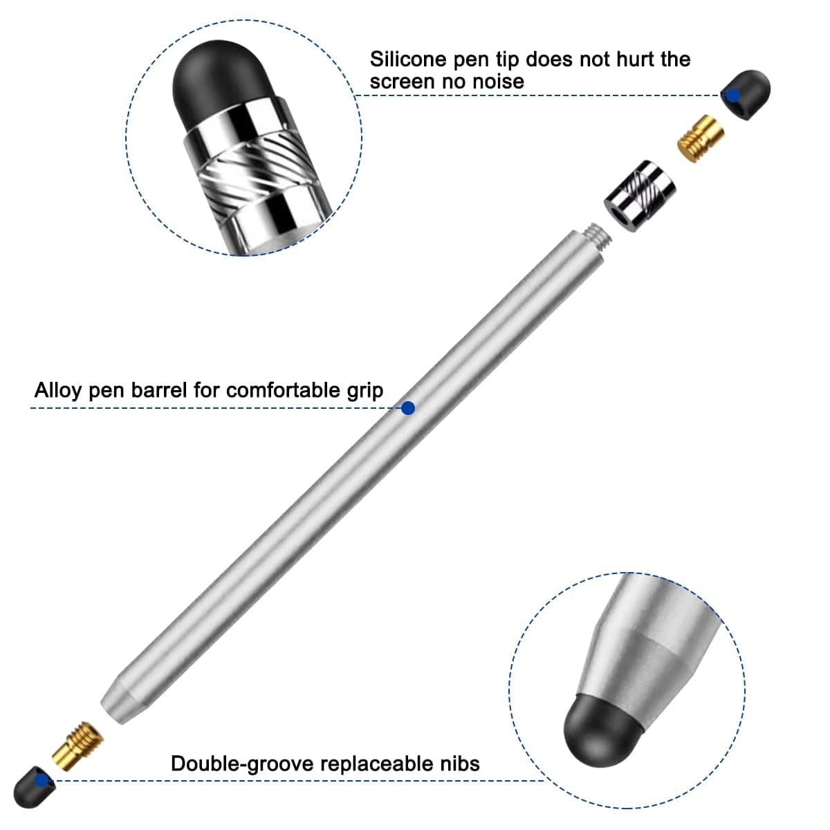 2 Pack Stylus Pens for Touch Screens, High Sensitivity Precision Capacitive Stylus Pen Compatible with iPad iPhone Samsung Tablets All Universal Touchscreen Devices with 4 Rubber Tips (Silver)