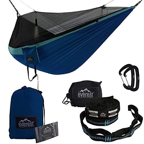 Everest Double Camping Hammock with Mosquito Net | Bug-Free Camping, Backpacking & Survival Outdoor Hammock Tent | Reversible, Integrated, Lightweight, Ripstop Nylon | Light Blue/Dark Blue/Net Black