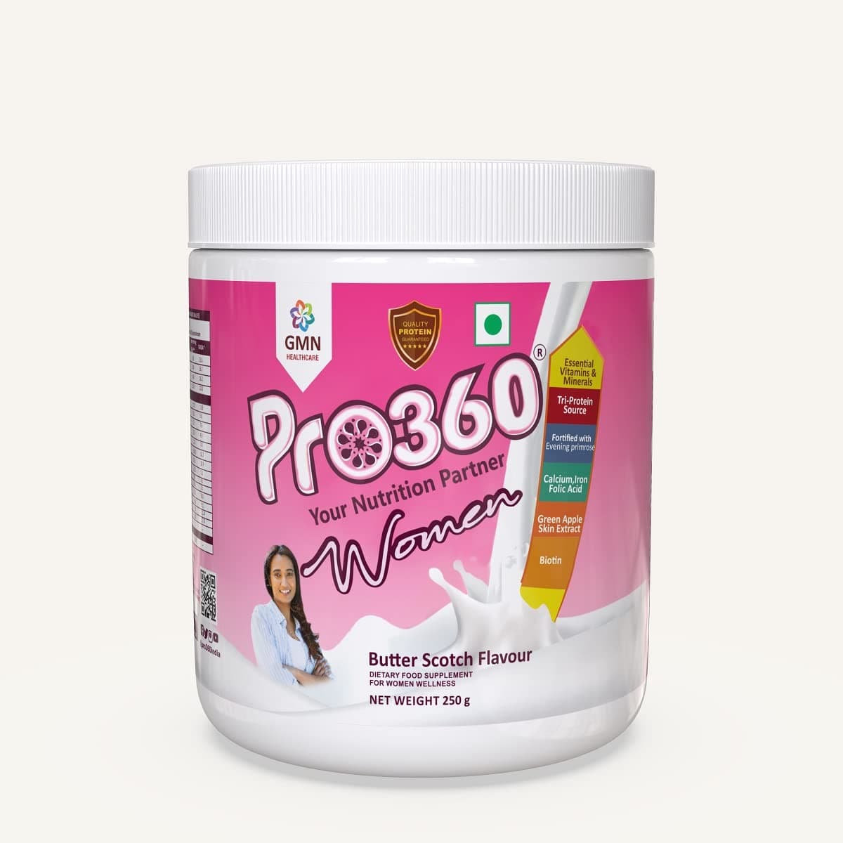 Pro360 Women Protein Rich Nutritional Supplement Enriched with Calcium, Iron for Stronger Bones and Improved Haemoglobin – 25 Essential Nutrients with Evening Primrose – Butterscotch Flavor – 250G