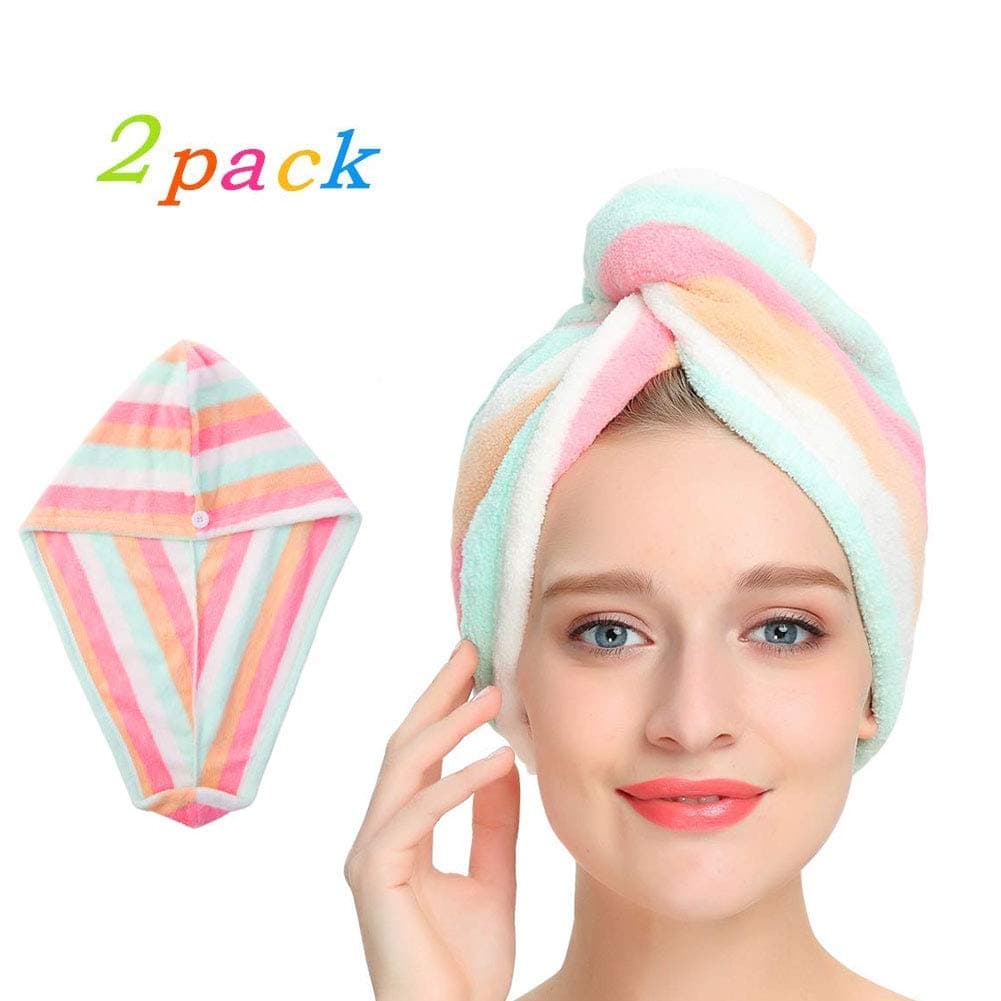 Werded Quick Dry Hair Towel Wrap, Soft Microfiber Drying Bath Shower Head Towel with Button Design for All Hair Types and Lengths, Women Holiday Gift (2 Pack)