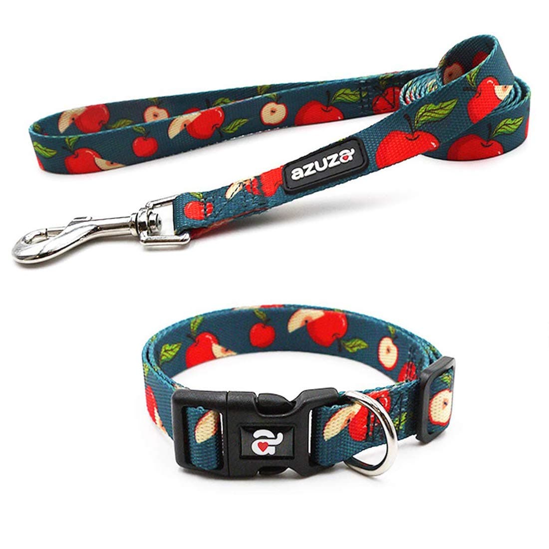 azuza Dog Collar and Leash Set, Fun Apple Patterns on Nylon Collar and Matching Leash, Great Option for Medium Dogs
