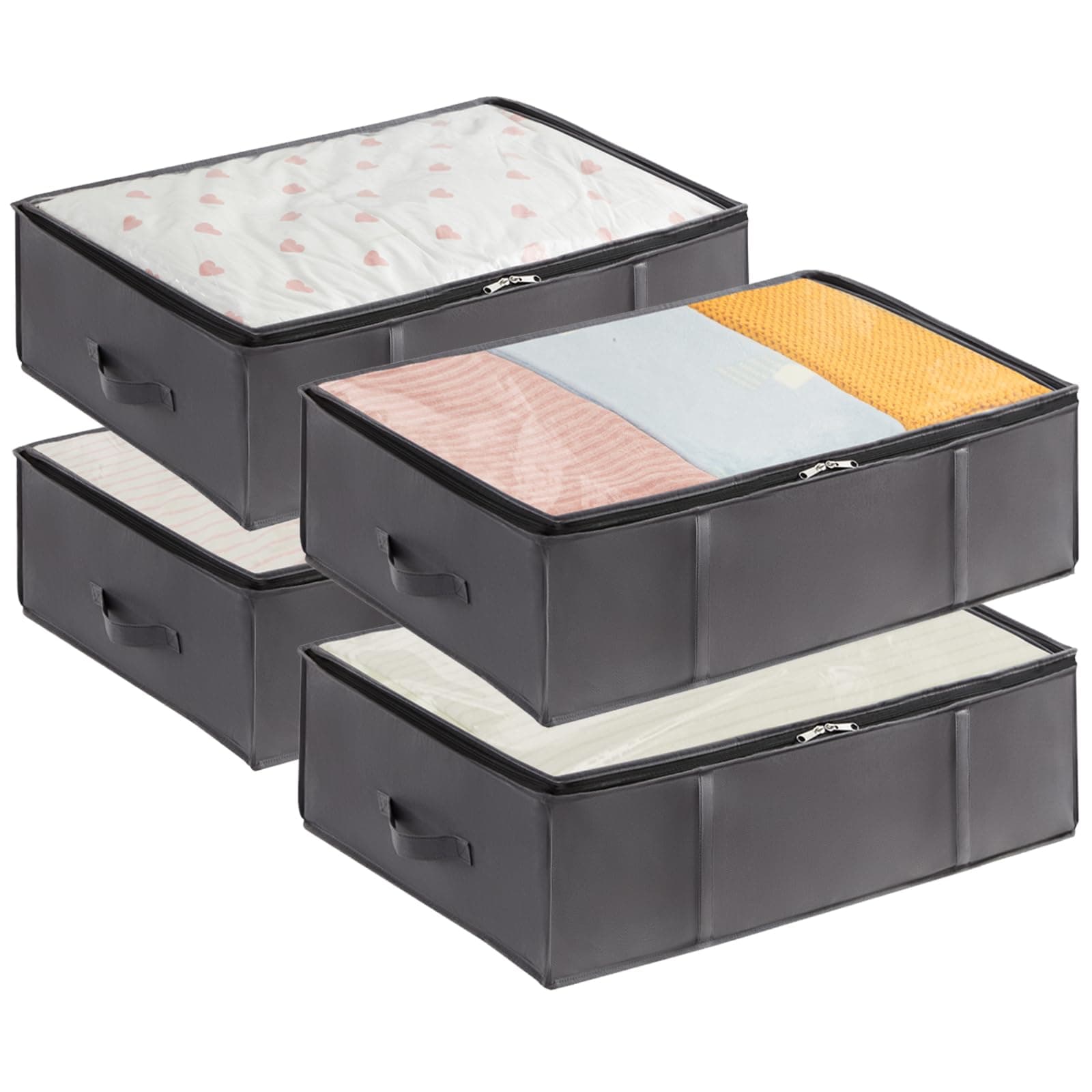4 Pack 40L Under Bed Storage, Underbed Storage Boxes with lid Clothes Storage Bag Wardrobe Storage Organiser with Reinforced Handle, PVC Window for Duvet, Blanket, Clothing, Shoes, Grey