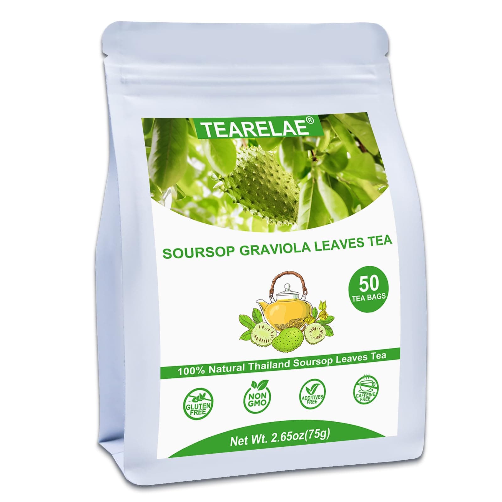 Soursop Leaves Tea - 1.5g x 50 Count - 100% Pure Soursop Graviola Leaves Tea Bag - Country of Origin Thailand - Support Digestion & Rich In Nutrients