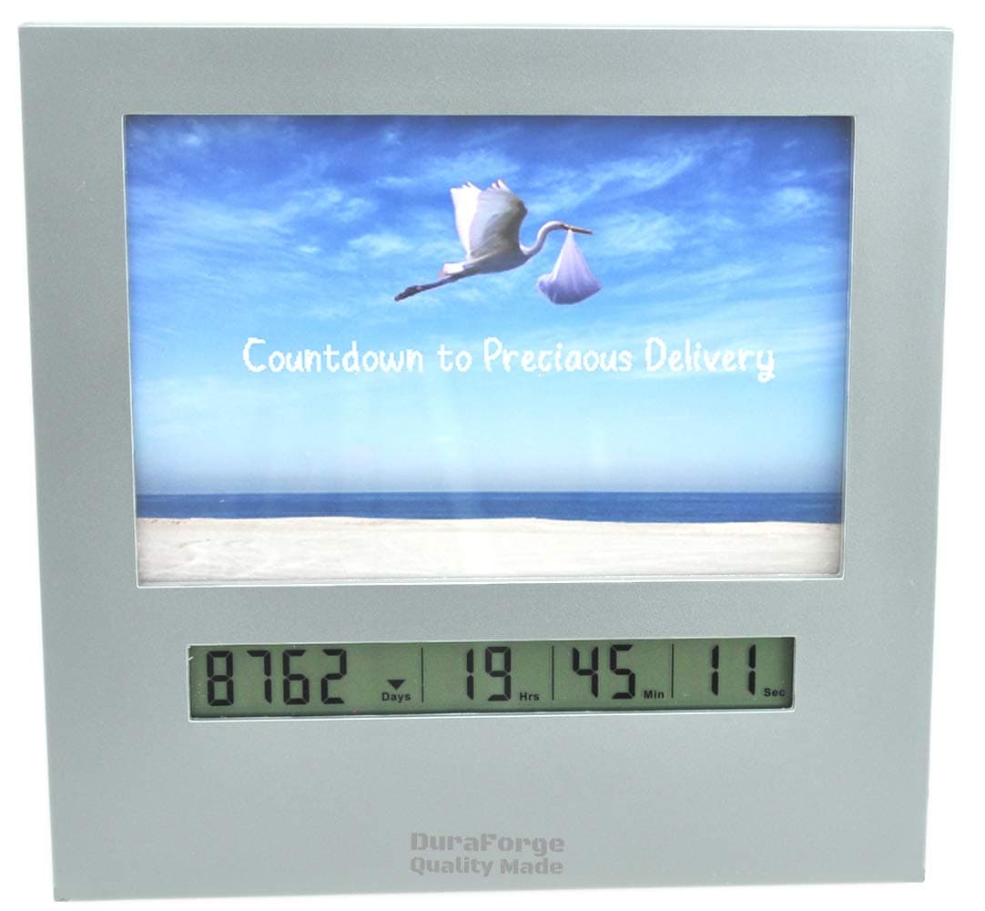 Digital Reusable Baby Countdown Clock & 24 Hr Clock, Grey Wedding, 7 ½ x 7 ¼ inches, 4x6 Picture Frame, Days Left in 2022 or Any Event