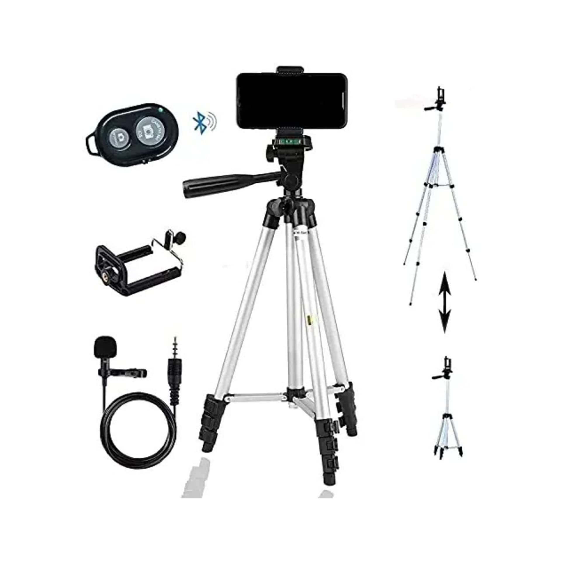 Tripod Combo with Selfi Remote and Collar Mic 1.5 Meter Long, Mobile Stand Holder, Fold-able, Portable Adjustable, Aluminium Body with Smartphone Bracket Clip