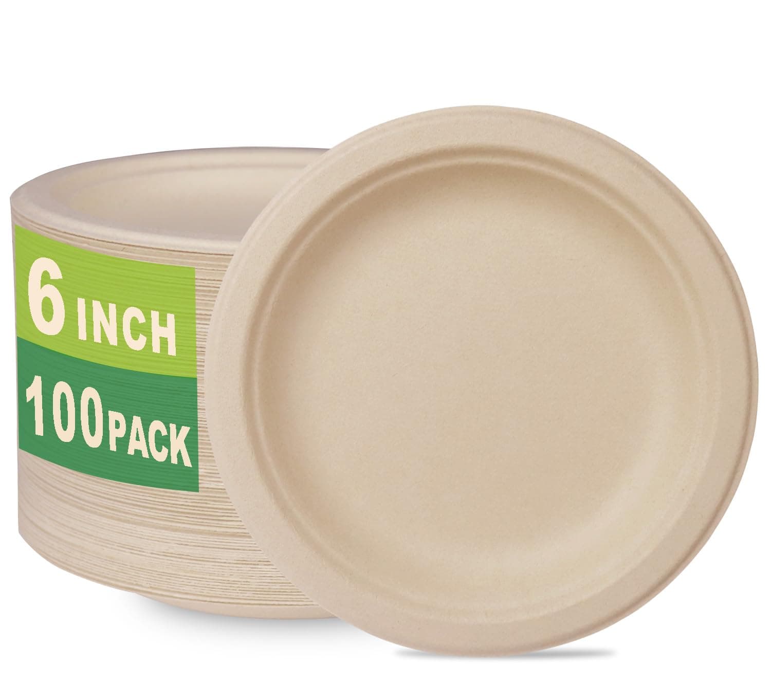 GreenWorks 100 Count 6“ Compostable Dessert Plates, Unbleached Biodegradable Bagasse and Bamboo fiber Paper Plates