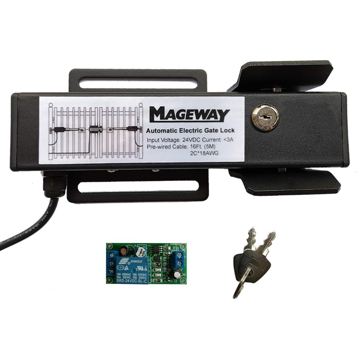 Mageway 24VDC Heavy Duty Automatic Electric Gate Lock for Swing Gate Opener Gate Operator Automatic Gate Openers, Fail Secure Waterproof Solenoid Lock, Pre-Wired 16 ft UL Cable