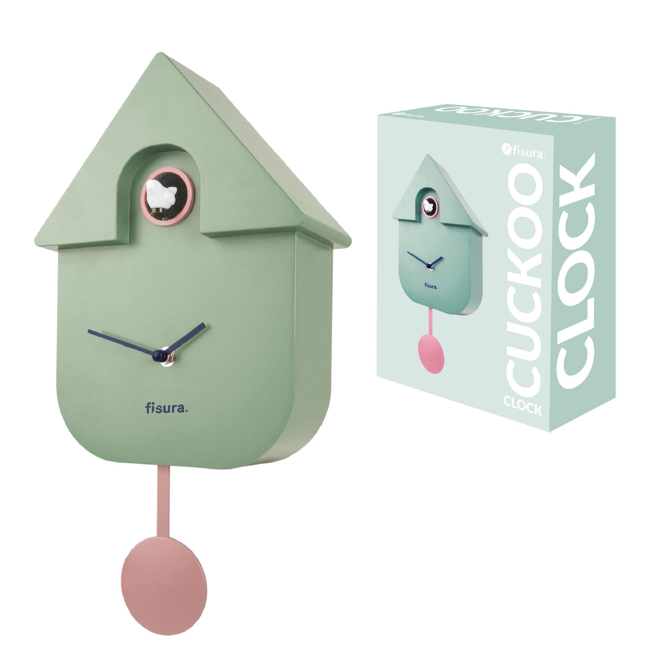 Fisura - Cuckoo clock. Wall clock with pendulum. Original wall clock to give as a gift. 3 AA batteries not included. 21,5x8x41,5. ABS plastic. (Green)