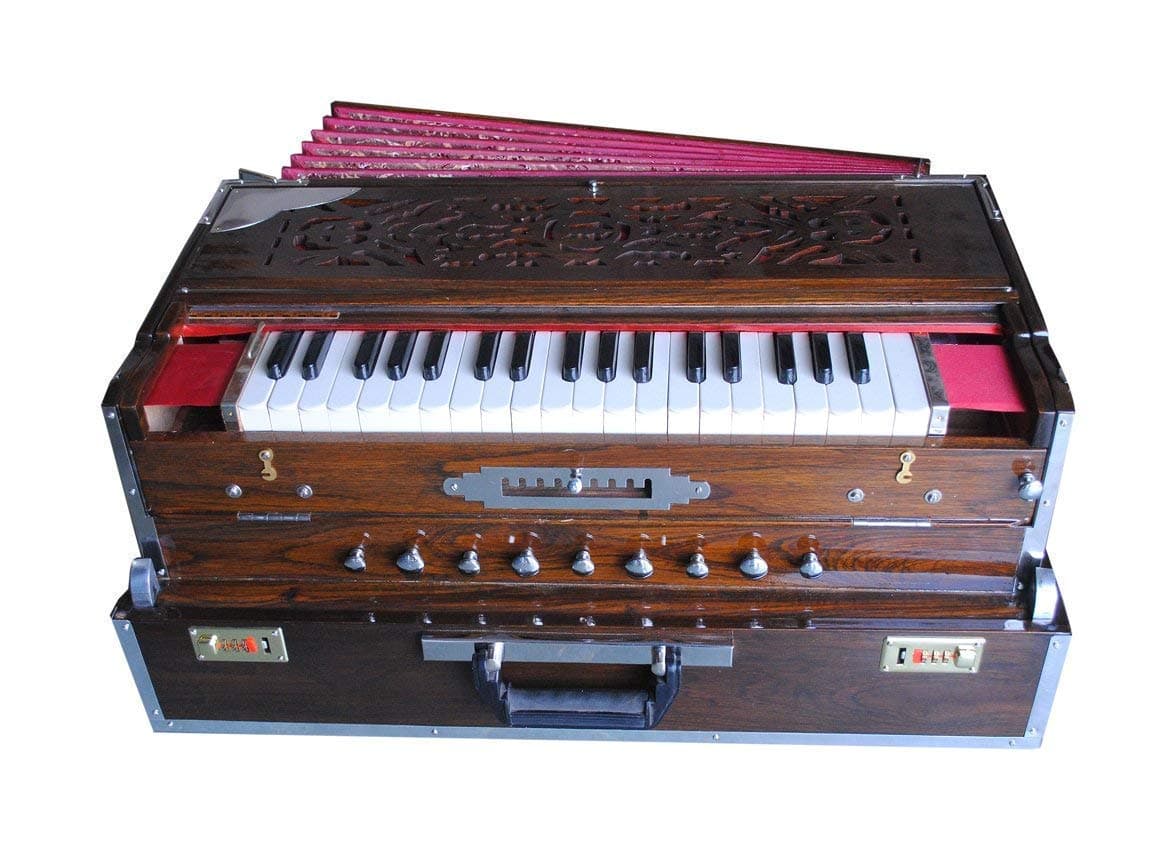Harmonium Folding - 3 Reed, 9 Scale Changer, 3.75 Octave, Dark Brown Wood Color With Coupler and Fiber Box