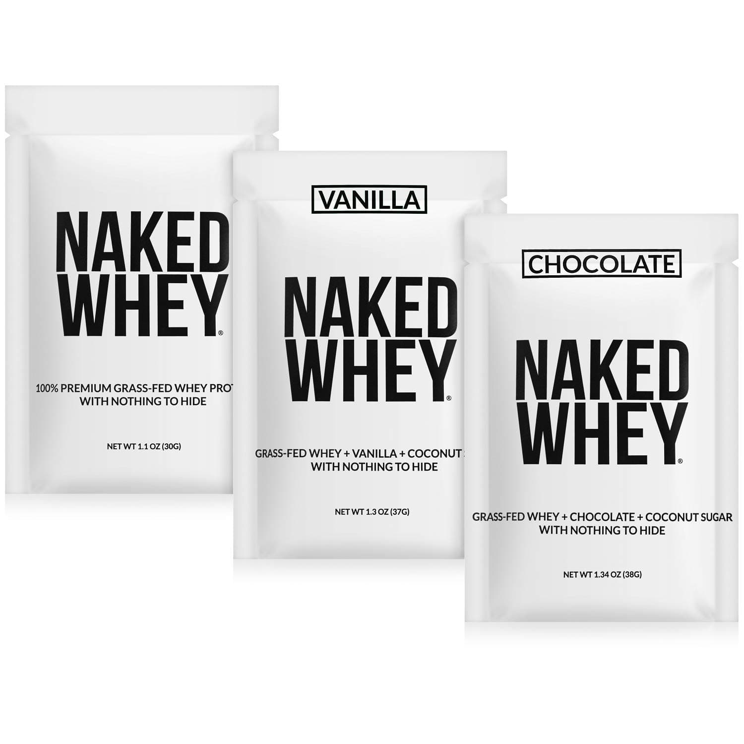 NAKED Whey Sample Pack - Unflavored, Chocolate, and Vanilla