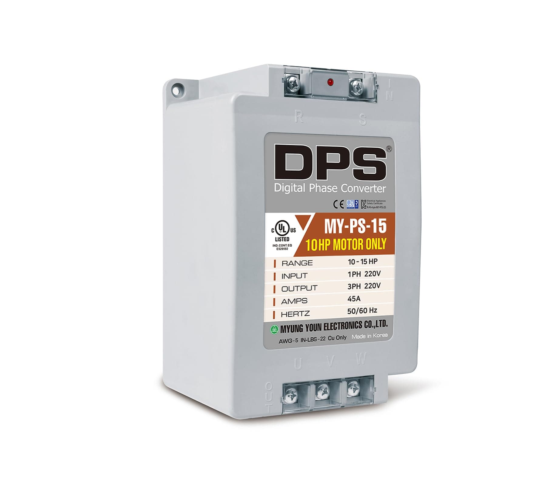 Single Phase to 3 Phase Converter, MY-PS-15 Model, Suitable for 10Hp(7.5Kw) 30Amps 200-240V 3 Phase Motor, One DPS Should Be Used for One Motor, Input/Output 200V-240V, Digital Type