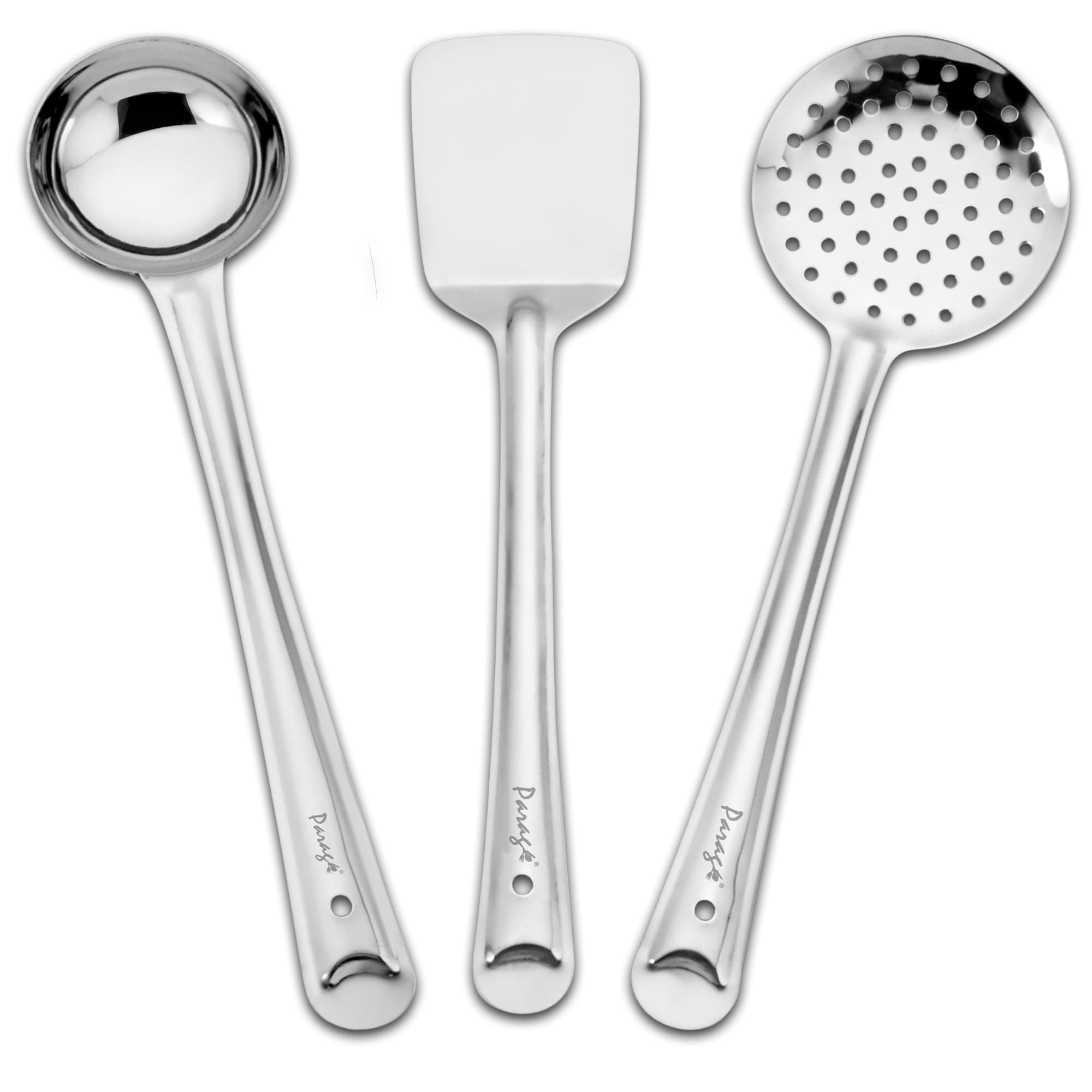 3 Pieces Stainless Steel Kitchen Tools Set for Cooking and Serving, Pack of 3 Ladle (Karachhi), Skimmer (Jhara) & Turner/Spatula (Palta) Silver, Size: 32 cms, 33.5 cms, 34.5 cms