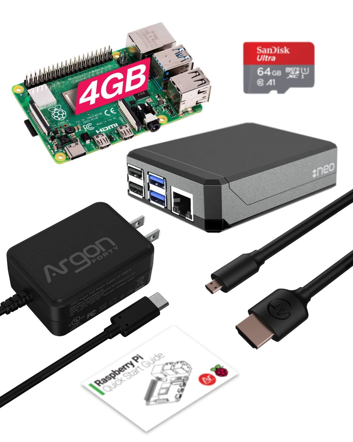 Argon NEO x Raspberry Pi 4 4GB Kit | Aluminum Case | 64 Gig SD Card | Micro HDMI to HDMI Cable | 18W Type-C Power Supply | Quick Start Guide