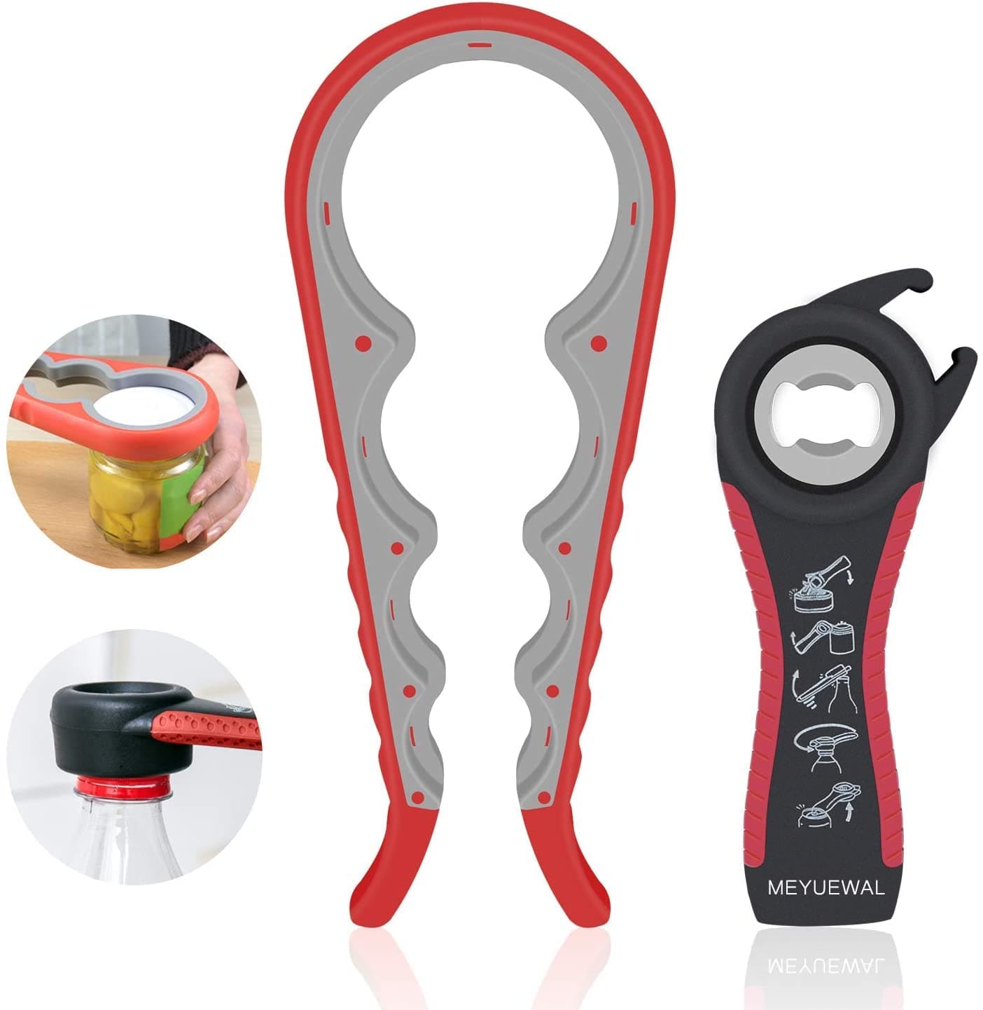 Jar Opener, 5 in 1 Multi Function Can Opener Bottle Opener Kit with Silicone Handle Easy to Use for Children, Elderly and Arthritis Sufferers (Apple Red)