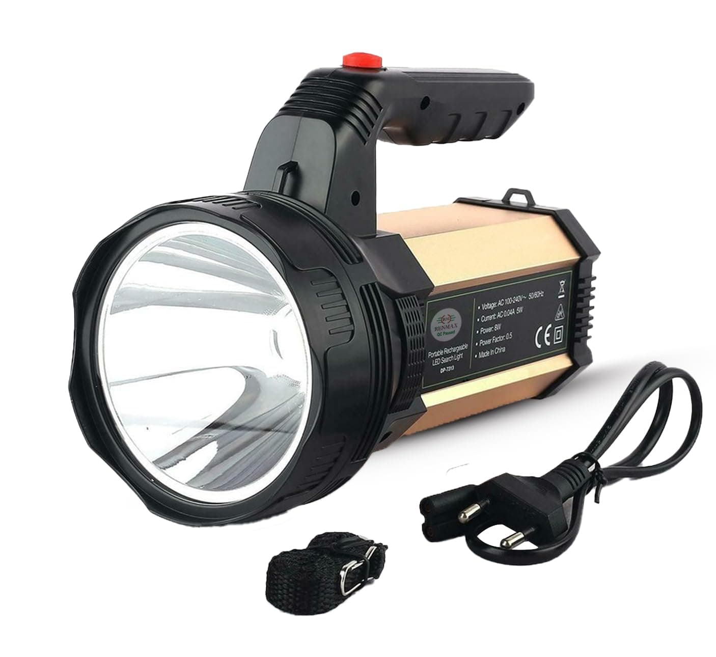 RENMAX Rechargeable Searchlight Torch – Bright LED Laser Flashlight with 800m Beam Range, 6000mAh Battery, Metal Housing & Plastic Body – Powerful Security Light, 1 Pc