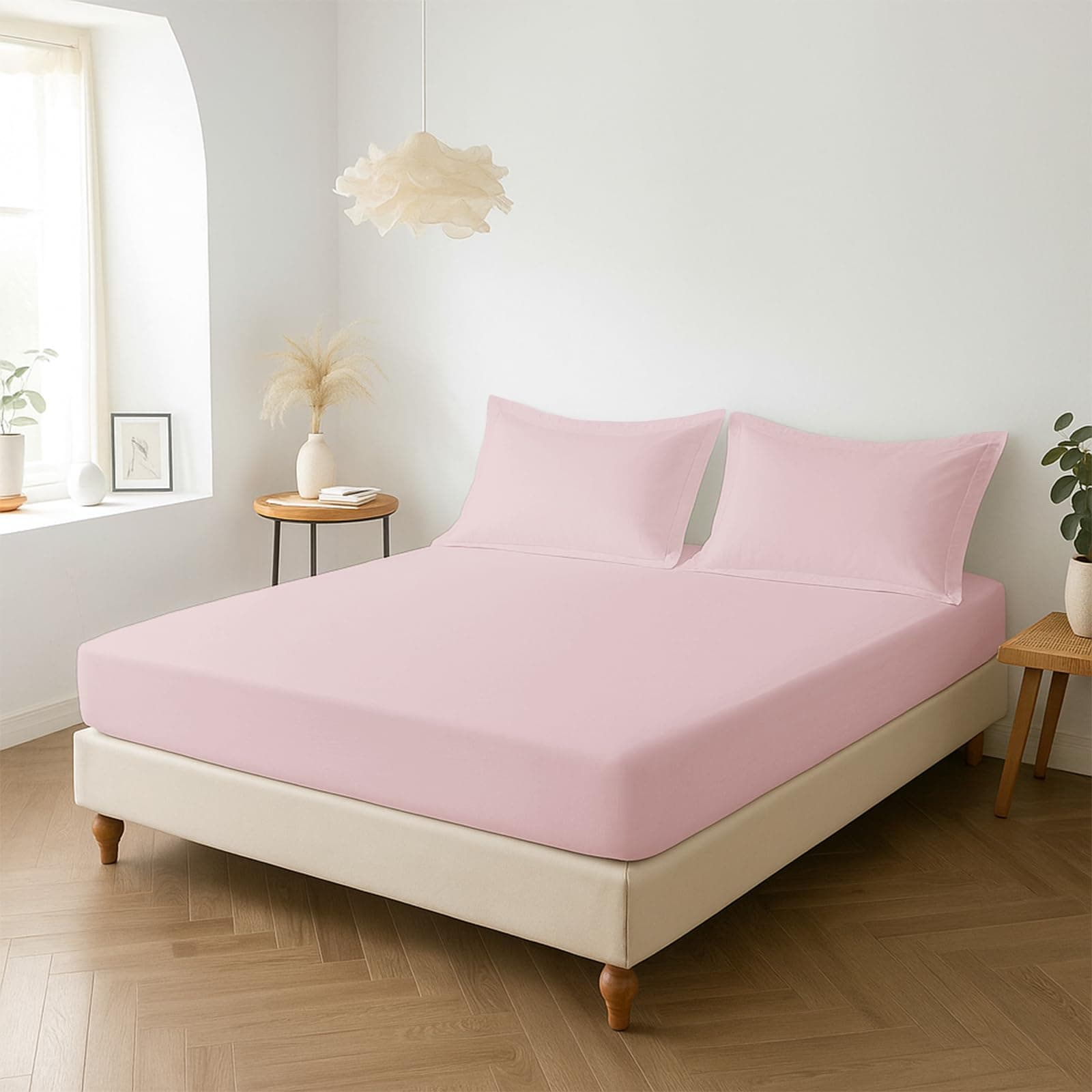 Pizuna Percale Fitted Sheet King Size 150x200 cm with 2 Pillowcases, Light Pink, 100% Long Staple Cotton, Crisp Percale Weave, 40 cm Deep Fitted King Size Sheet
