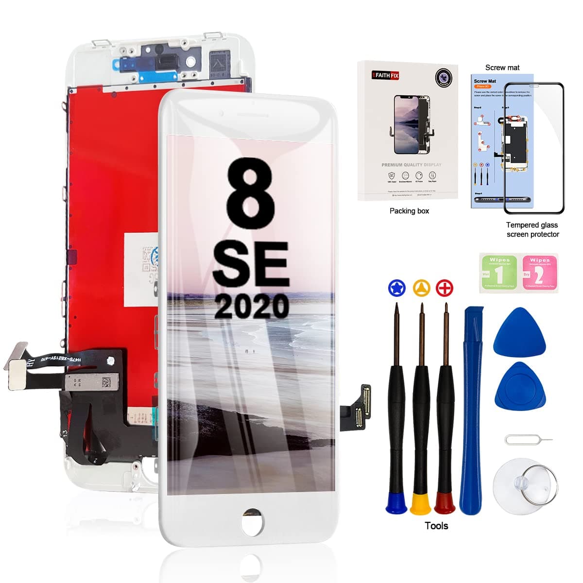 EFAITHFIX for iPhone 8/SE 2020 LCD Screen Replacement White 4.7 Inch Frame Assembly Display 3D Touch Screen Digitizer with Repair Tools Kit Tempered Glass Screen Protector for A1863, A1905, A1906