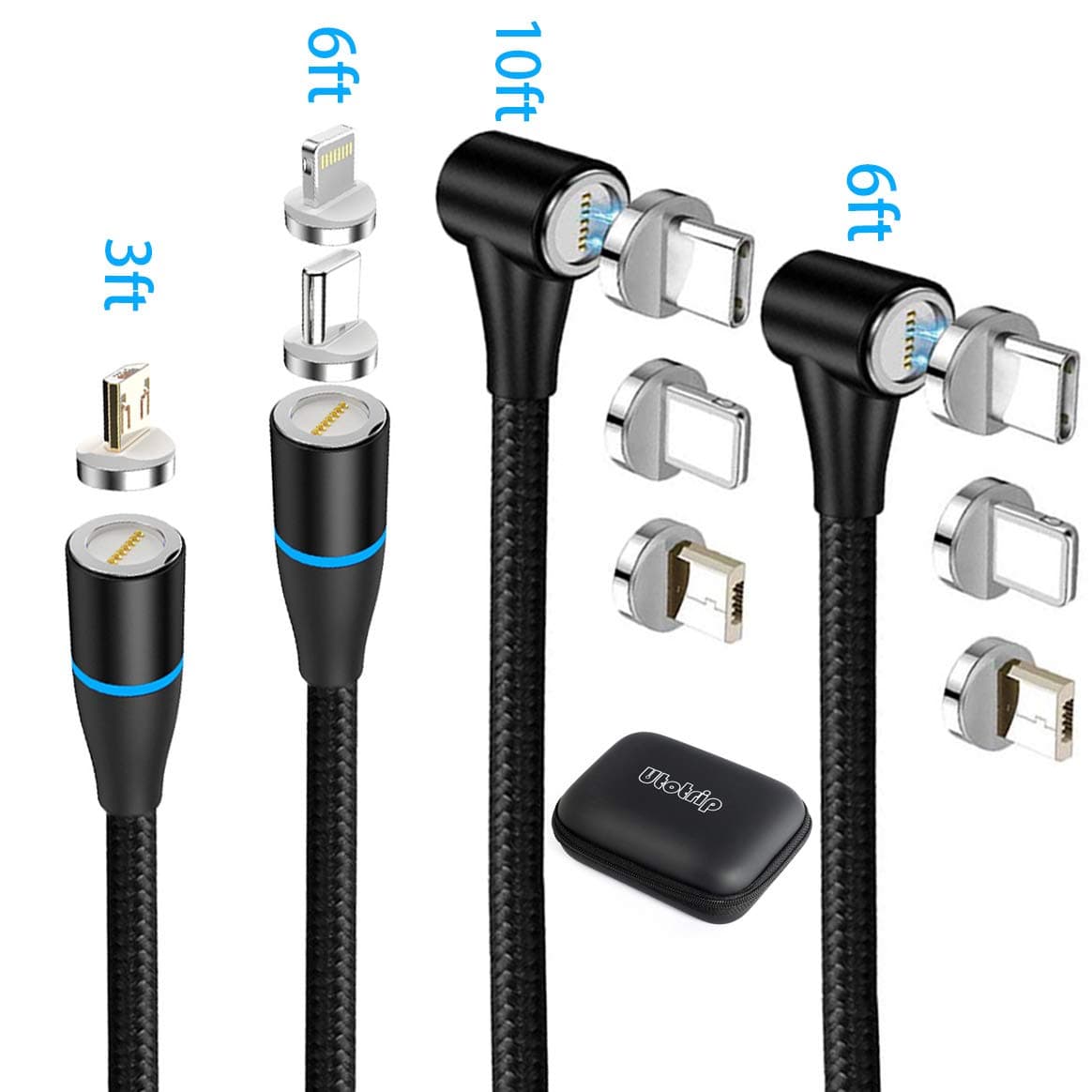 Magnetic Charging Cable,(4-Pack,3ft,6ft,6ft,10ft) Magnetic 3A Fast Charging Cable,3-in-1 Data Transfer Magnetic Phone Charger Compatible with Micro USB,Type C(Black)
