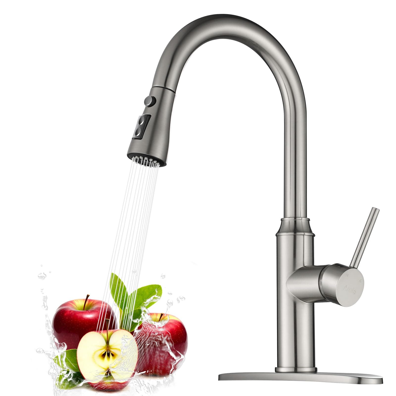 Arofa Kitchen Faucet with Pull Down Sprayer, Brushed Nickel Kitchen Sink Faucet 1-3 Hole Single Handle High Arc Stainless Steel Commercial Modern Kitchen Faucets for RV/Laundry/Outdoor/Bathroom Sink