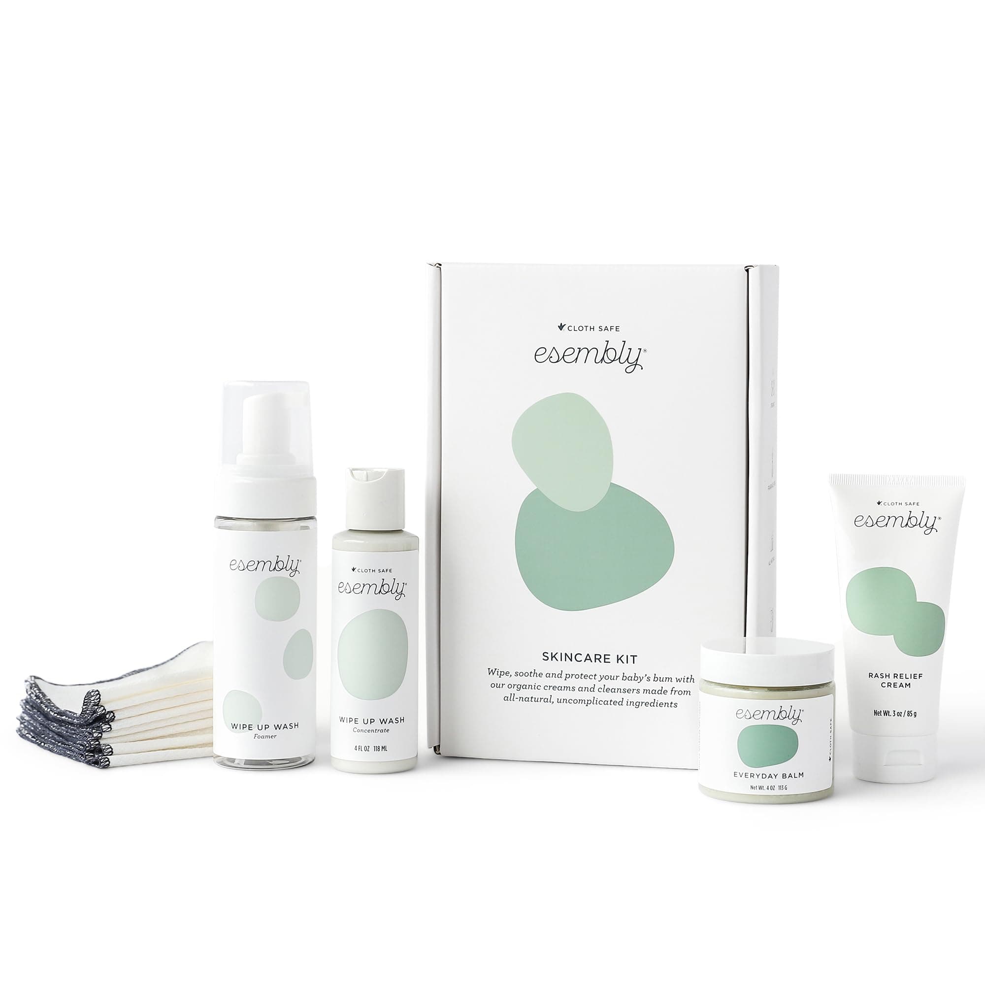 Esembly Skincare Kit, Baby Arrival Gift Set with Organic Diaper Creams, Reusable Organic Cotton Wipes and Wipe Cleanser with Foamer - Mama and Baby Essentials for Cloth Diapering