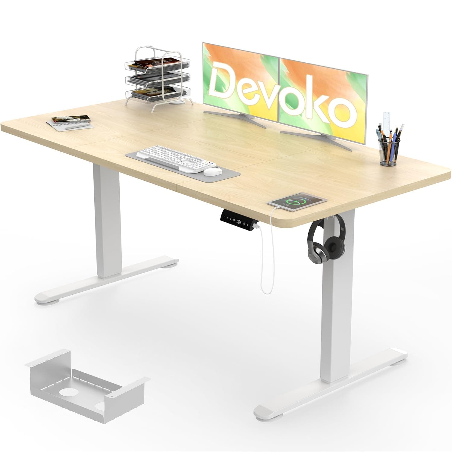Devoko Electric Standing 140x80cm with USB Charging Height Adjustable with Desktop Sit Stand Up Desk Heavy Duty Steel 3 Memory Smart Pannel(Beige)