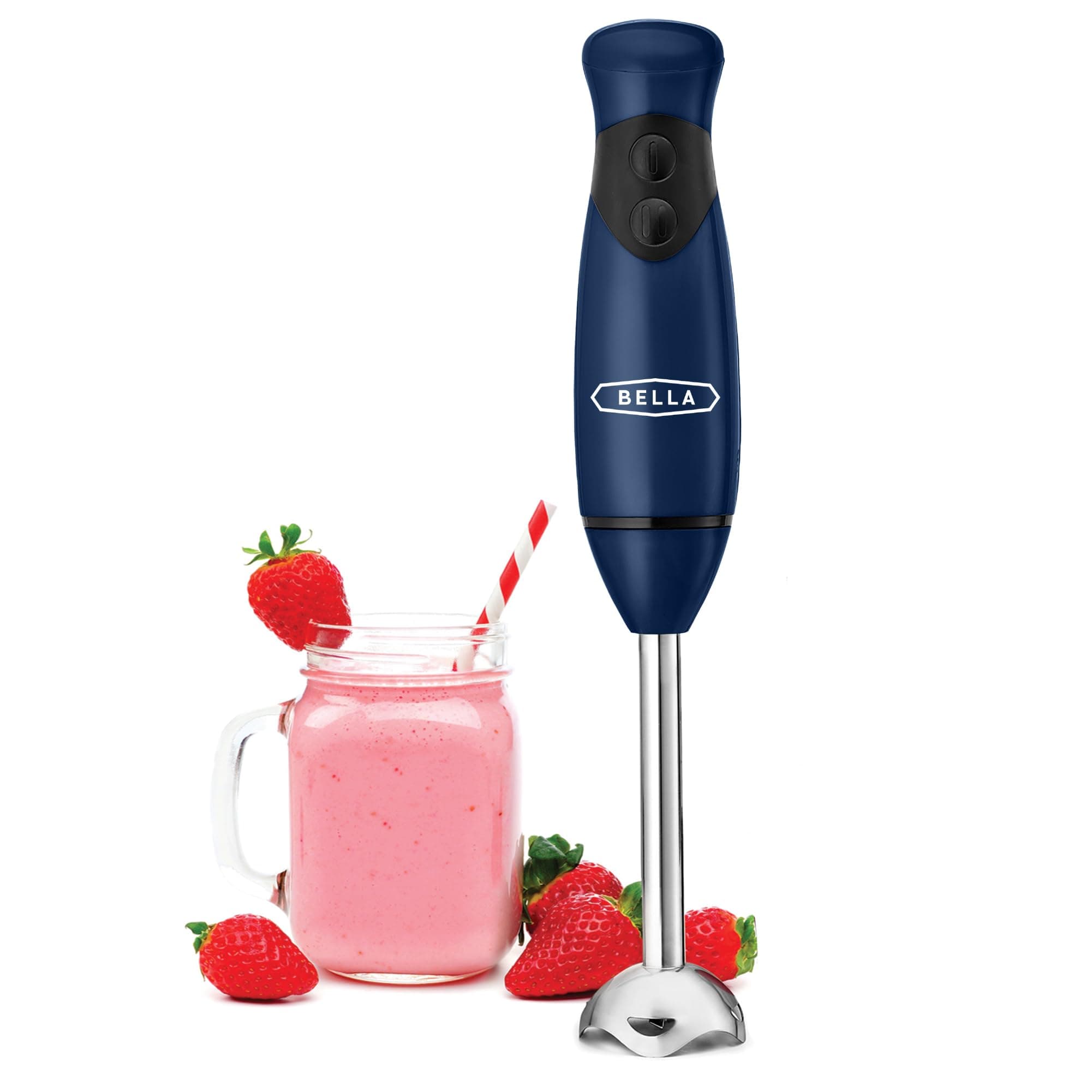 BELLA 2-Speed Hand Immersion Blender with Whisk Attachment, 250 Watt, Navy Blue, Immersion Blender with Dishwasher Safe Whisk & Blending Attachments for Food Prep (17575)