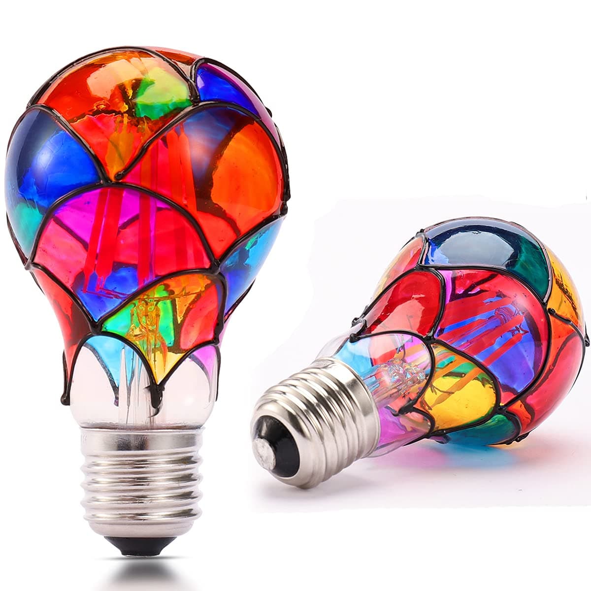 Stained Glass LED Light Bulb, E26 Base 6W A19/A60 LED Colorful Bulb for Party Lighting, Bedside Lamp, Festive Atmosphere, Christmas Halloween Decoration, Non-Dimmable, 2 Pack