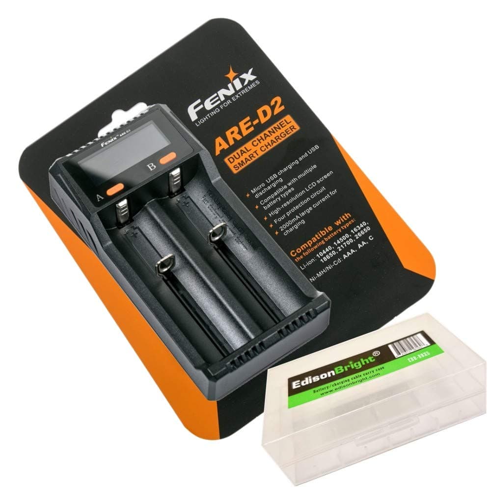EdisonBright Fenix are-D2 USB Powered Two Bay Smart Battery Charger for 21700/18650/16340 BBX5 Battery Carry case