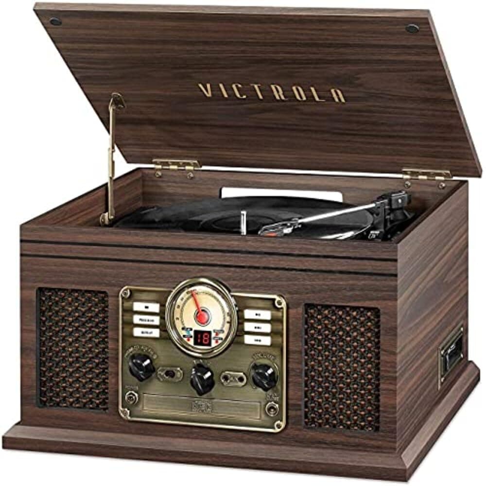 The Quincy 6-in-1 Bluetooth Record Player & Multimedia Center with Built-in Speakers – 3-Speed Turntable, CD & Cassette Player, AM/FM Radio, Wireless Music Streaming (Espresso)