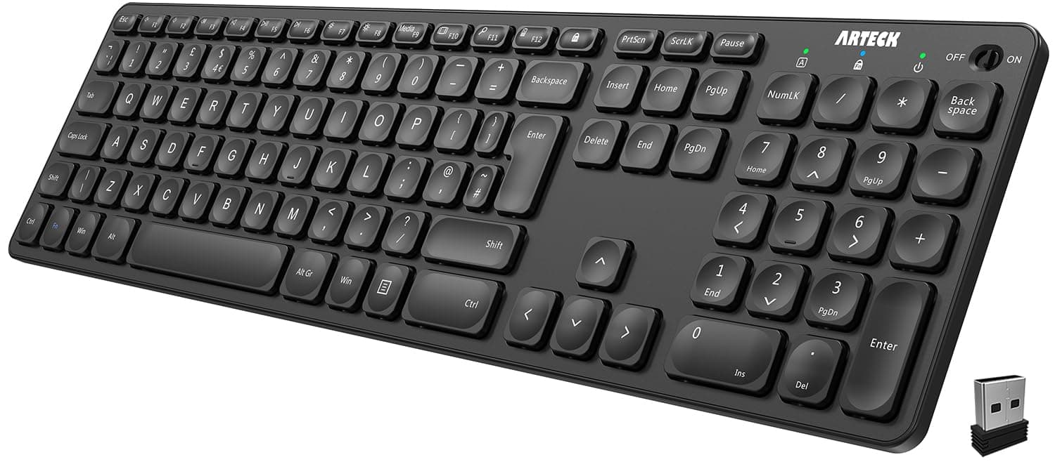 – 2.4G Wireless Keyboard Ultra Slim Full Size Keyboard with Numeric Keypad and Media Hotkey for Computer/Desktop/PC/Laptop/Surface/Smart TV and Windows 10/8/ 7 Built-in Rechargeable Battery