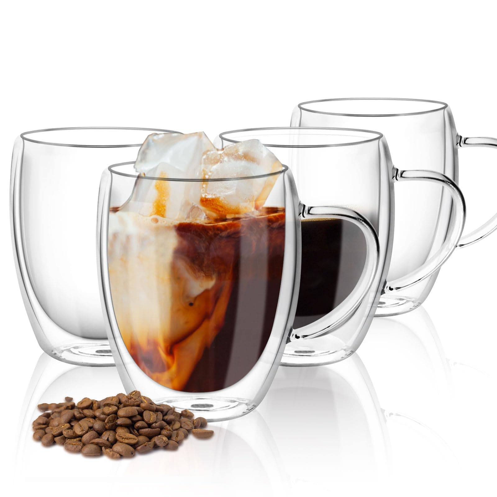 Top-spring 4 Pack Double Walled Glass Coffee Cups, Insulated Latte Glasses Mugs, Mug Tea Cups with Handles, Heat Resistant, Cappuccino Espresso Cup (Clear-4x350ml)