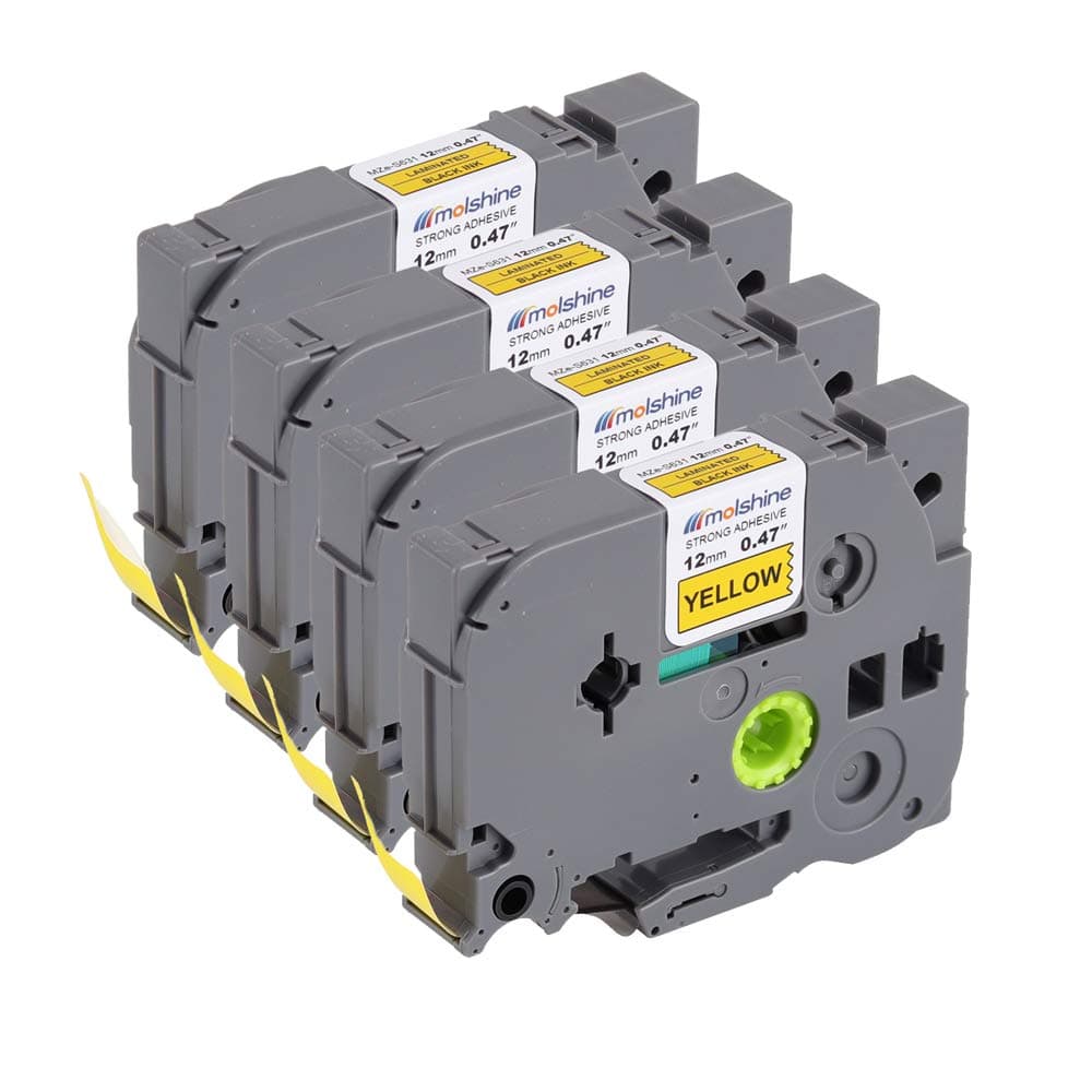 Molshine Compatible Extra Strength Adhesive Laminated Label Tape,Replacement for Brother P-Touch TZeS631 TZe-S631 TZS631 TZ-S631,Black on Yellow,12mm x 8m(1/2 inch x 26.2 feet),4 Pack