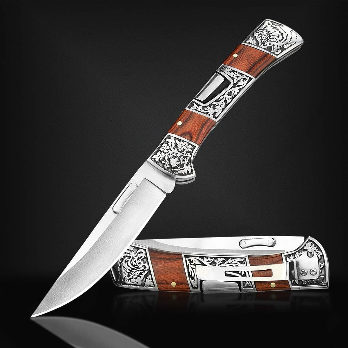 NedFoss SMILODON Pocket Knife for Men, 3.9" Back Lock Folding Knife, Rosewood Handle with Engraved 3D Tiger Relief Bolster, Pocket Clip, Unique Cool Knives Personalized Gift for Men Women