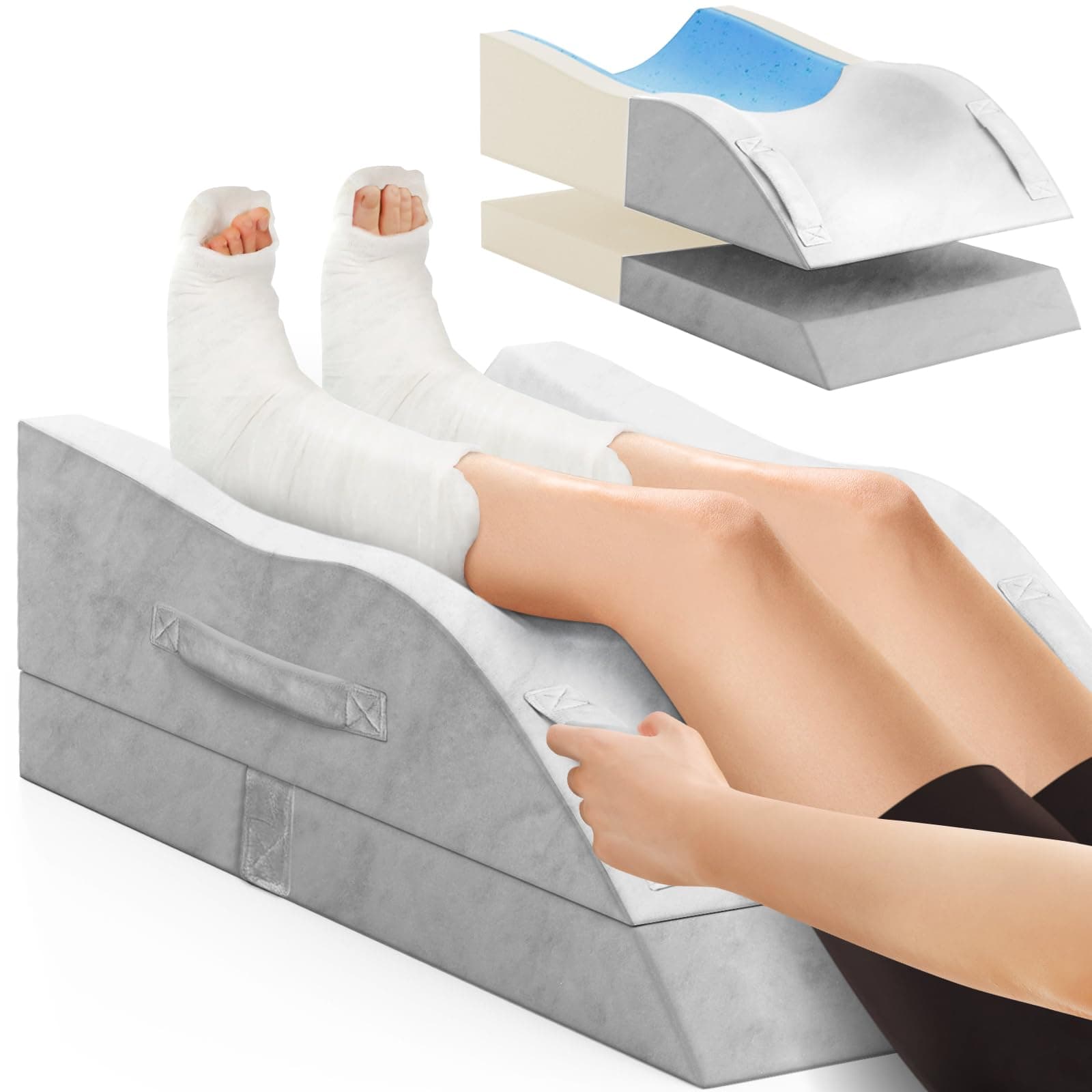 Double Leg Elevation Pillows, Wedge Pillow for After Surgery, Memory Foam Support Adjustable, Comfort Care for Back Knee Hip Ankles Pain, Knee Pillow for Sleeping Blood Circulation Light Grey & White