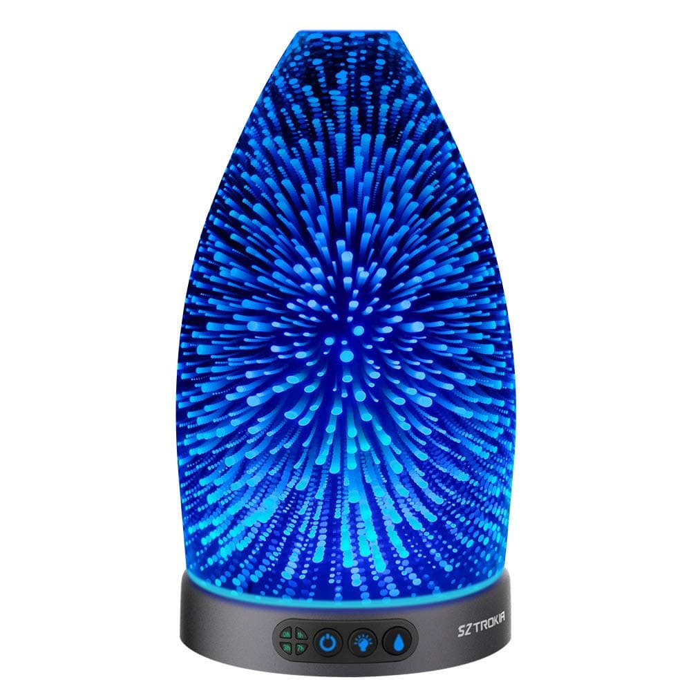 Essential Oil Diffuser,3D Glass Aromatherapy Diffuser,300ml Ultrasonic Cool Mist Humidifier with Color Changing LED Lights, Waterless Auto Shut-Off,Metal Case Base