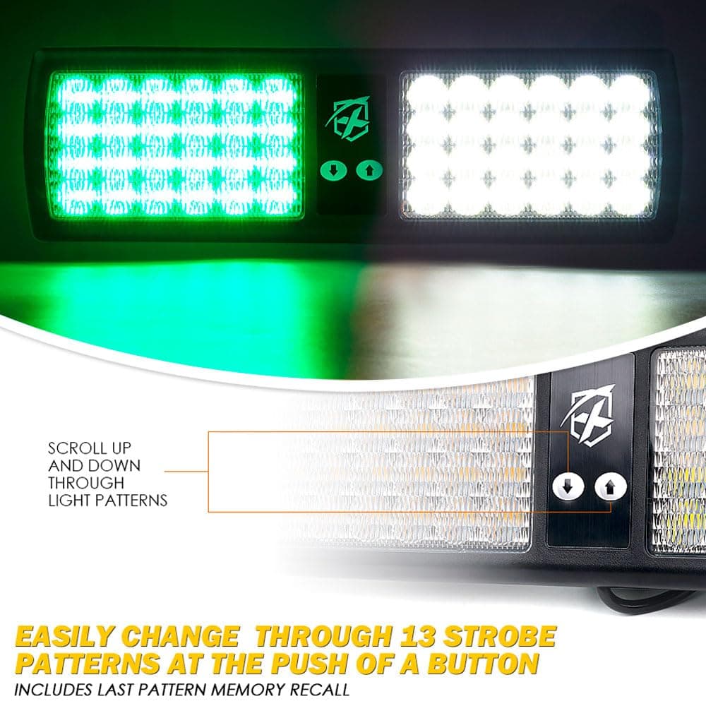 Xprite White Green 48LED Visor Strobe Flashing Lights Interior Windshield Sunshield Emergency Warning Lights for Police Volunteer Firefighter Vehicles Trucks
