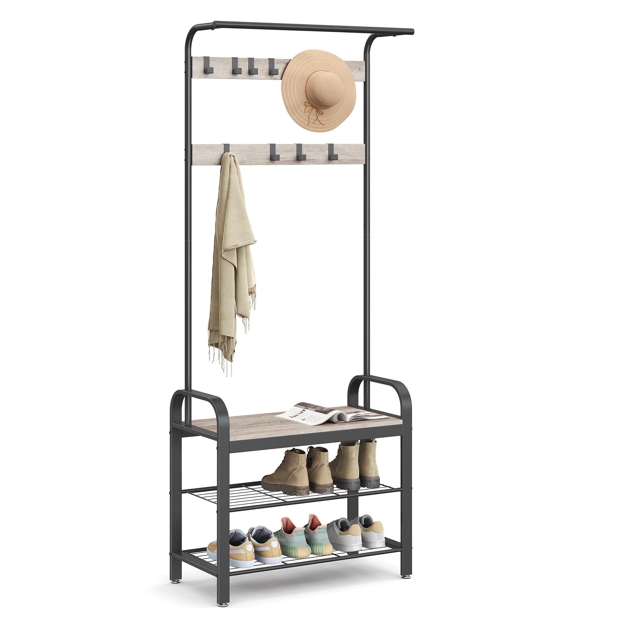 VASAGLE Coat Rack, Hall Tree with Shoe Bench for Entryway, Entryway Bench with Coat Rack, 4-in-1, with 9 Removable Hooks, a Hanging Rod, 13.3 x 28.3 x 72.1 Inches, Greige and Black UHSR40MB