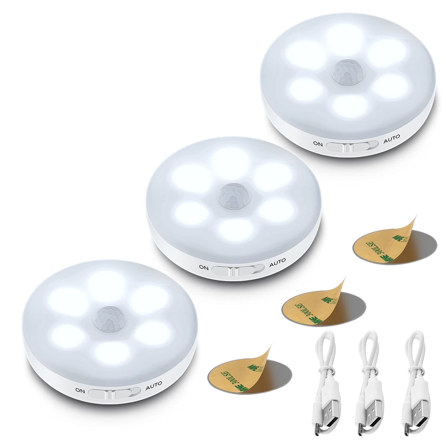 ICEKO KNABS 3-Packs Motion Sensor Light Indoor,Rechargeable Battery Powered Led Closet Lights Puck Lights Step Lights With 3M Adhesive,Stick On Lights For Under Cabinet (White)