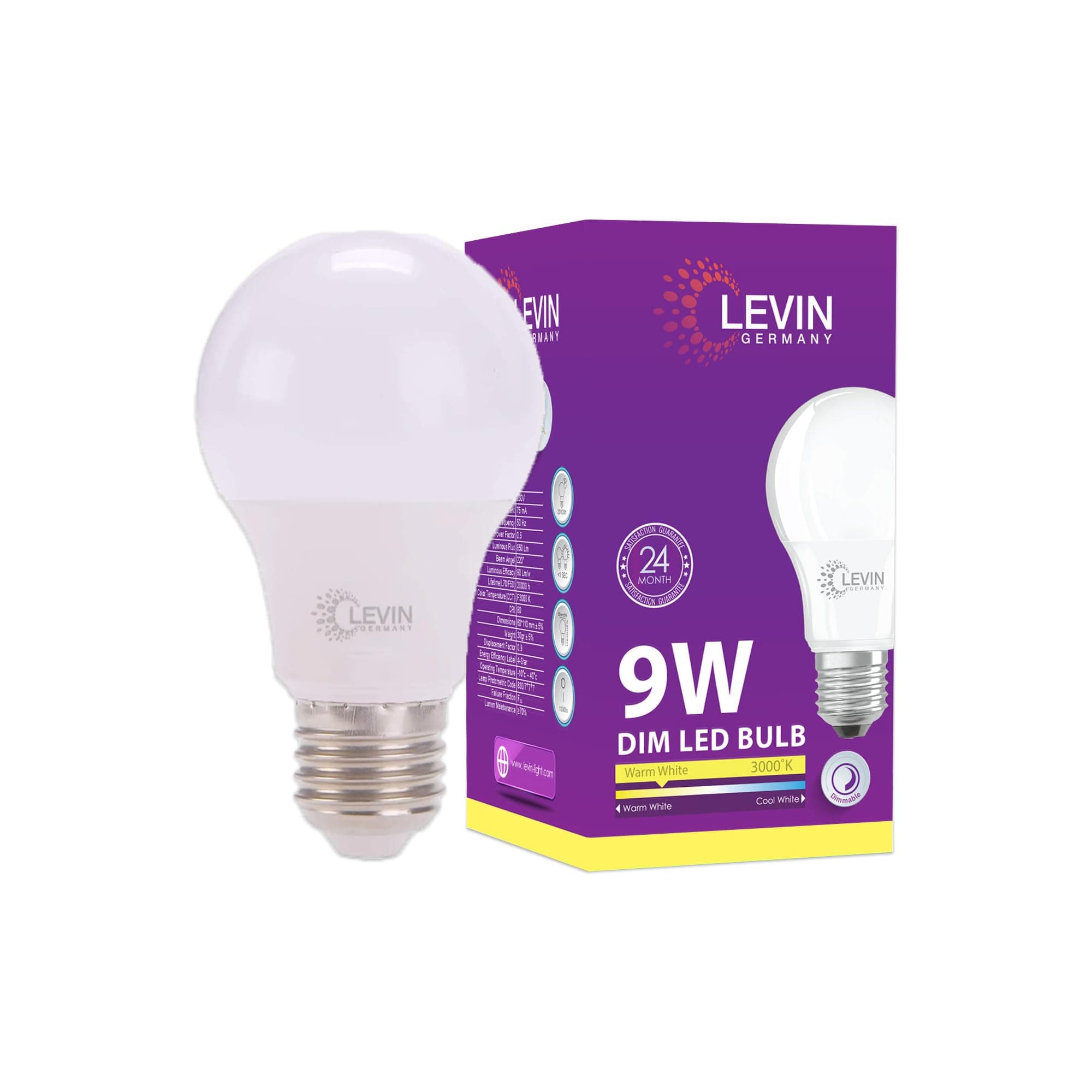 Levin Germany Dimmable A60 E27 LED Bulb, 9W, 850LM, Warm White 3000K, Energy-Saving Light with CRI>80, 220-240Vac, Long-Lasting Performance, 2-Years warranty