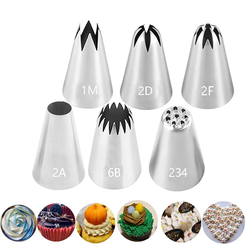 Large Icing Piping Tips Set for Cake Decorating,6 Decorating Tips Stainless Steel Pastry Tips,Flower Frosting Tips Nozzles,#1M 2A 2D 2F 6B 234