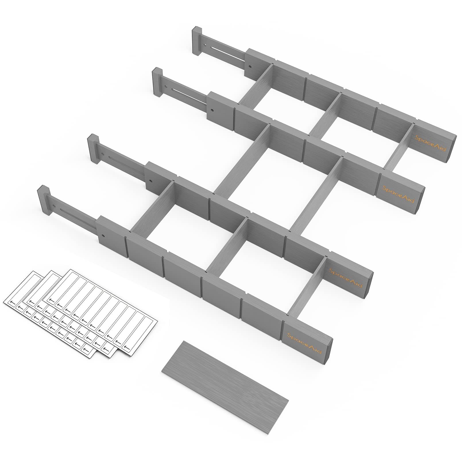 SpaceAid Bamboo Drawer Dividers with Inserts and Labels, Kitchen Adjustable Drawer Organizers, Expandable Organization for Home, Office, Dressers, 4 Dividers with 9 Inserts (17-22 in, Gray)