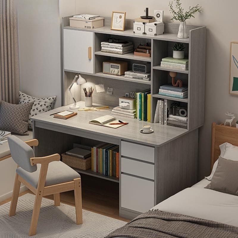 LITFAD Modern Computer Desk Work from Home Desk with Hutch, Bookcase and Integrated Cable Management, Rectangular Wood Office Desk 3 Drawers, 39.4" L x 17.7" W x 64.2" H, Grey